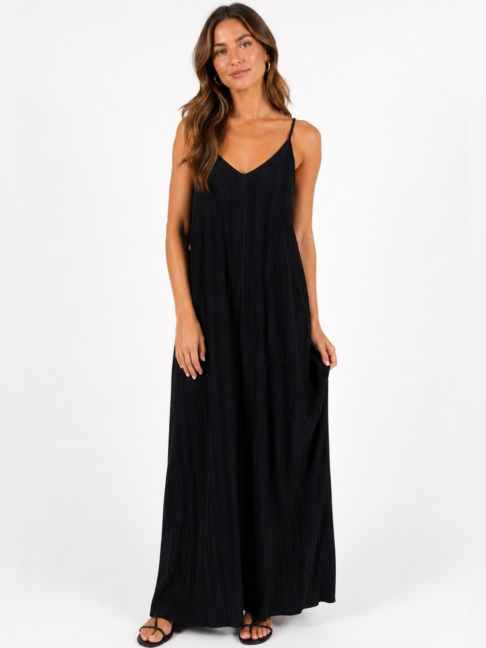 Open Edit Black Ribbed Pleated Maxi Dress Spaghetti Strap Size L
